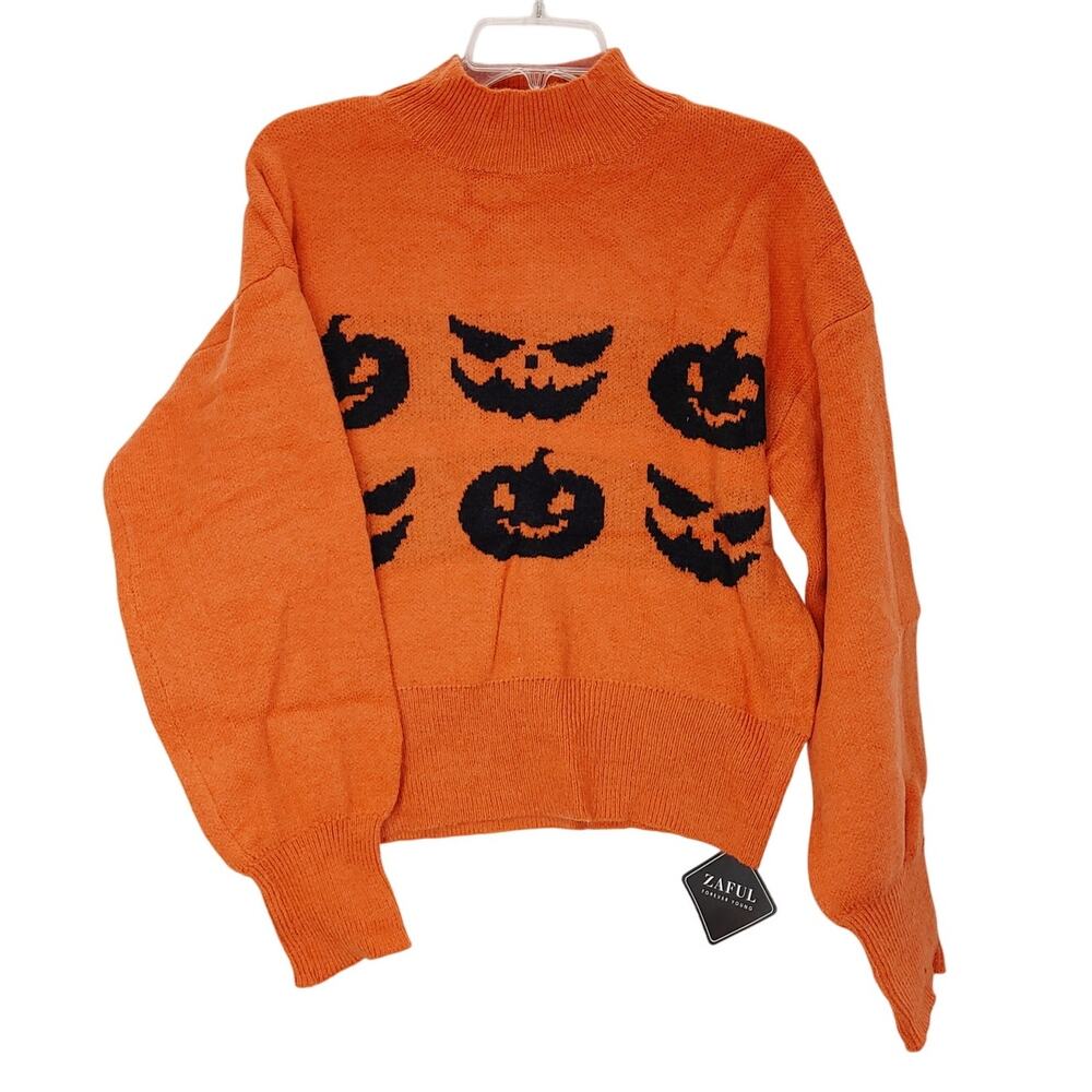 Zaful Mock Neck Sweater Knitted Halloween Pumpkin Orange Black Womens 8-10 NWT